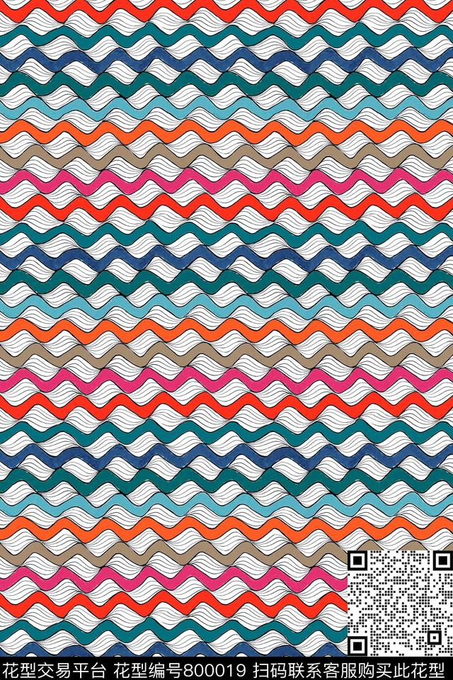 波浪条纹几何彩色条纹数码印花华亿平台下载（图片编号: 800019） - 瓦栏（Walan）