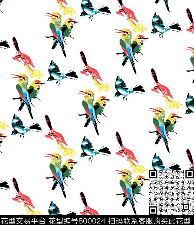 鸟白底乱花传统印花华亿平台下载（图片编号: 800024） - 瓦栏（Walan）