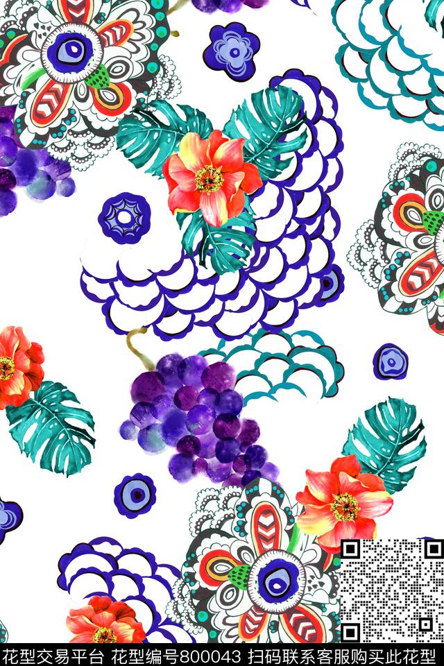手绘花专色底树叶数码印花华亿平台下载（图片编号: 800043） - 瓦栏（Walan）
