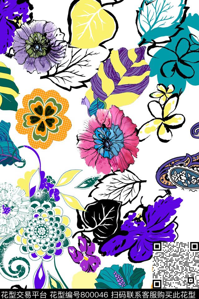 手绘花专色底树叶数码印花华亿平台下载（图片编号: 800046） - 瓦栏（Walan）