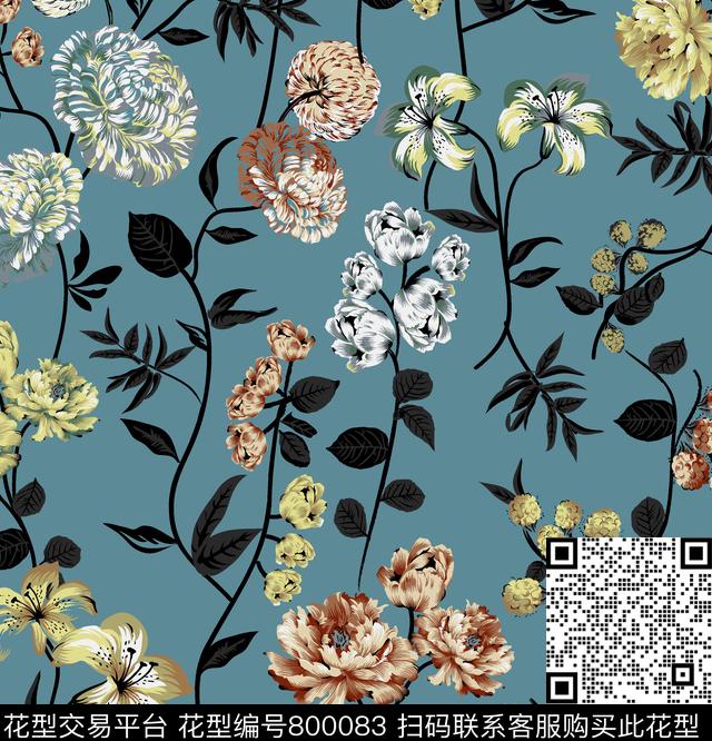 花朵花卉传统印花华亿平台下载（图片编号: 800083） - 瓦栏（Walan）
