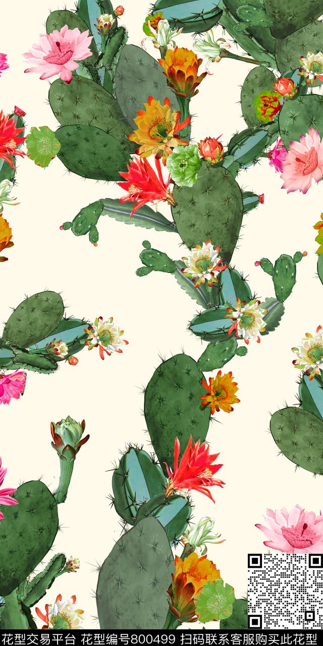 仙人掌手绘花卉植物数码印花华亿平台下载（图片编号: 800499） - 瓦栏（Walan）