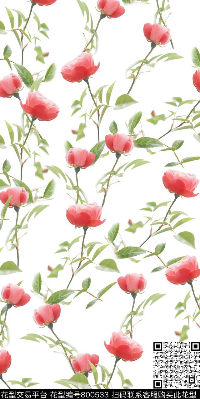 花卉树叶玫瑰数码印花华亿平台下载（图片编号: 800533） - 瓦栏（Walan）