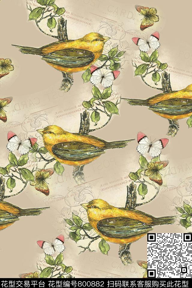 花鸟鸟蝴蝶数码印花华亿平台下载（图片编号: 800882） - 瓦栏（Walan）