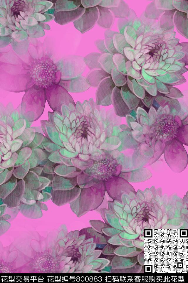 大花花卉莲花数码印花华亿平台下载（图片编号: 800883） - 瓦栏（Walan）