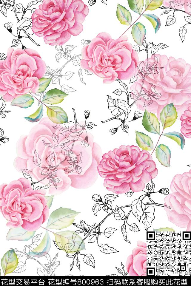 乱花玫瑰树叶数码印花华亿平台下载（图片编号: 800963） - 瓦栏（Walan）