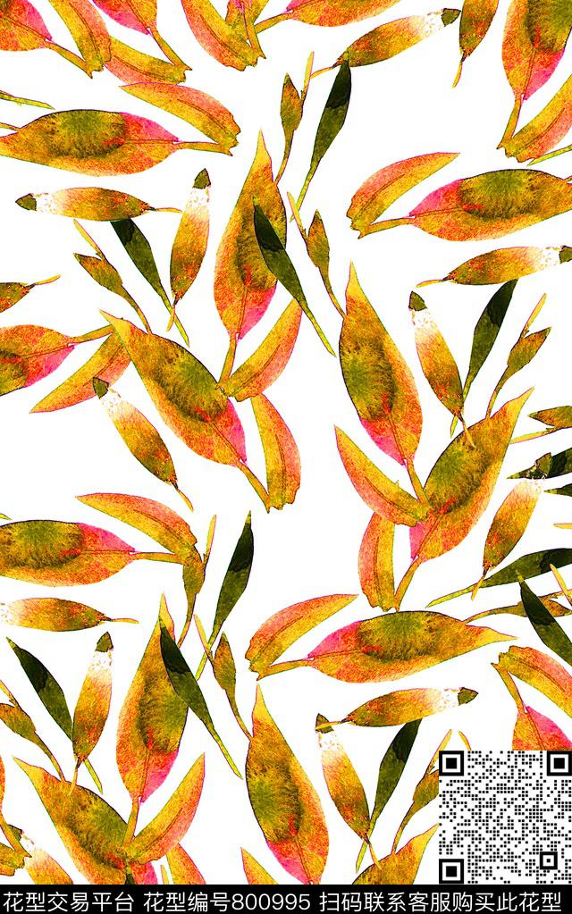 笔触水彩枝条数码印花华亿平台下载（图片编号: 800995） - 瓦栏（Walan）
