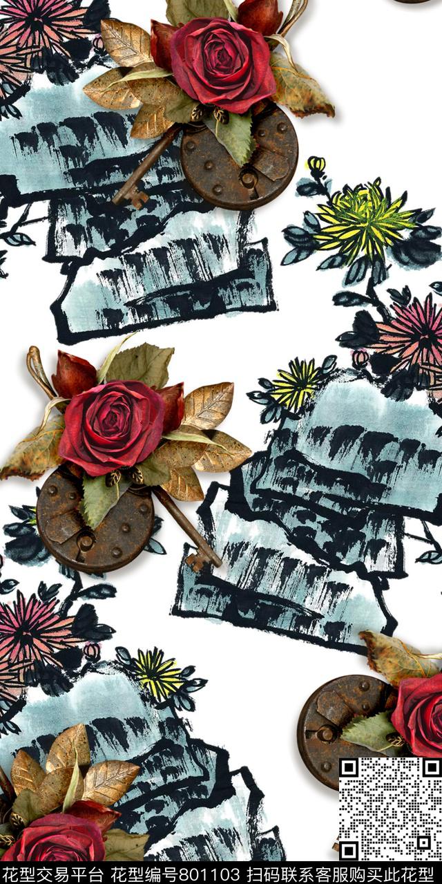 牡丹玫瑰花卉数码印花华亿平台下载（图片编号: 801103） - 瓦栏（Walan）