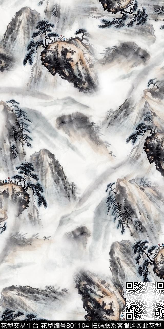 水墨中国风山水数码印花华亿平台下载（图片编号: 801104） - 瓦栏（Walan）