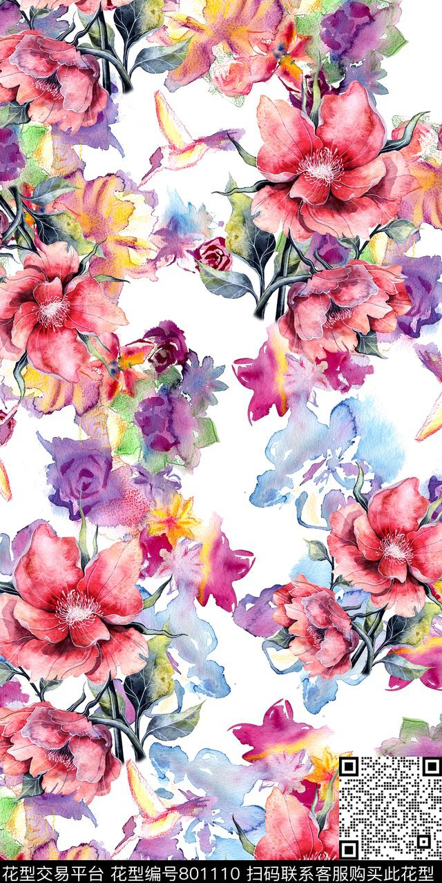 花卉牡丹玫瑰数码印花华亿平台下载（图片编号: 801110） - 瓦栏（Walan）