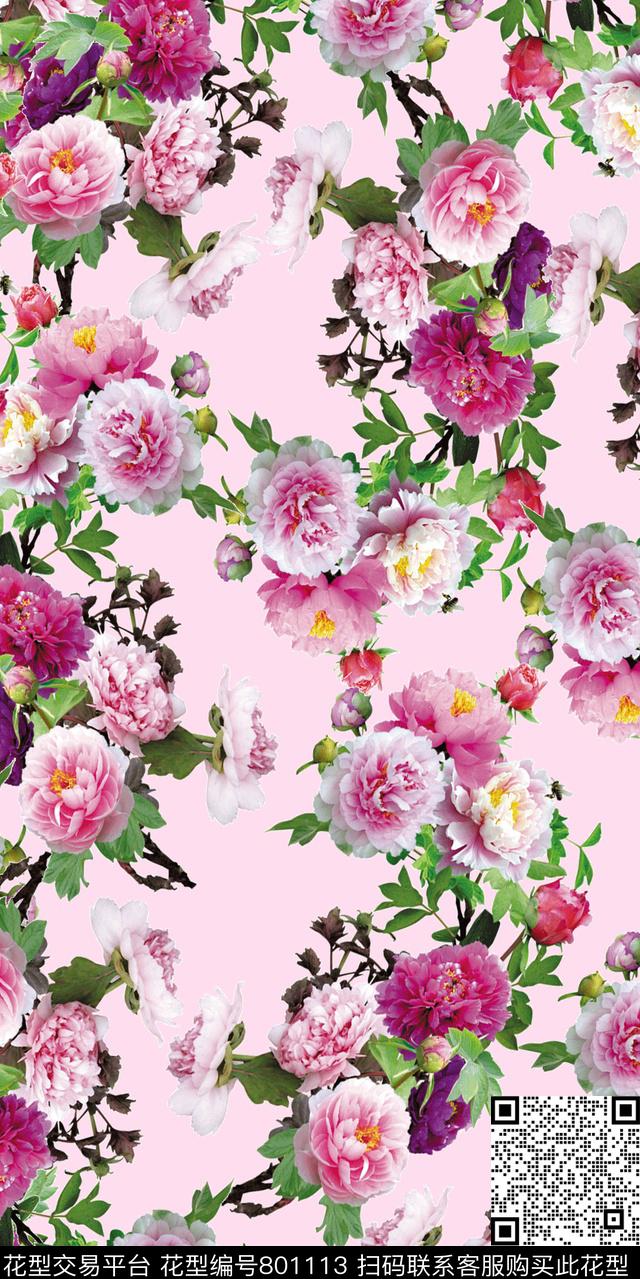 花卉牡丹玫瑰数码印花华亿平台下载（图片编号: 801113） - 瓦栏（Walan）