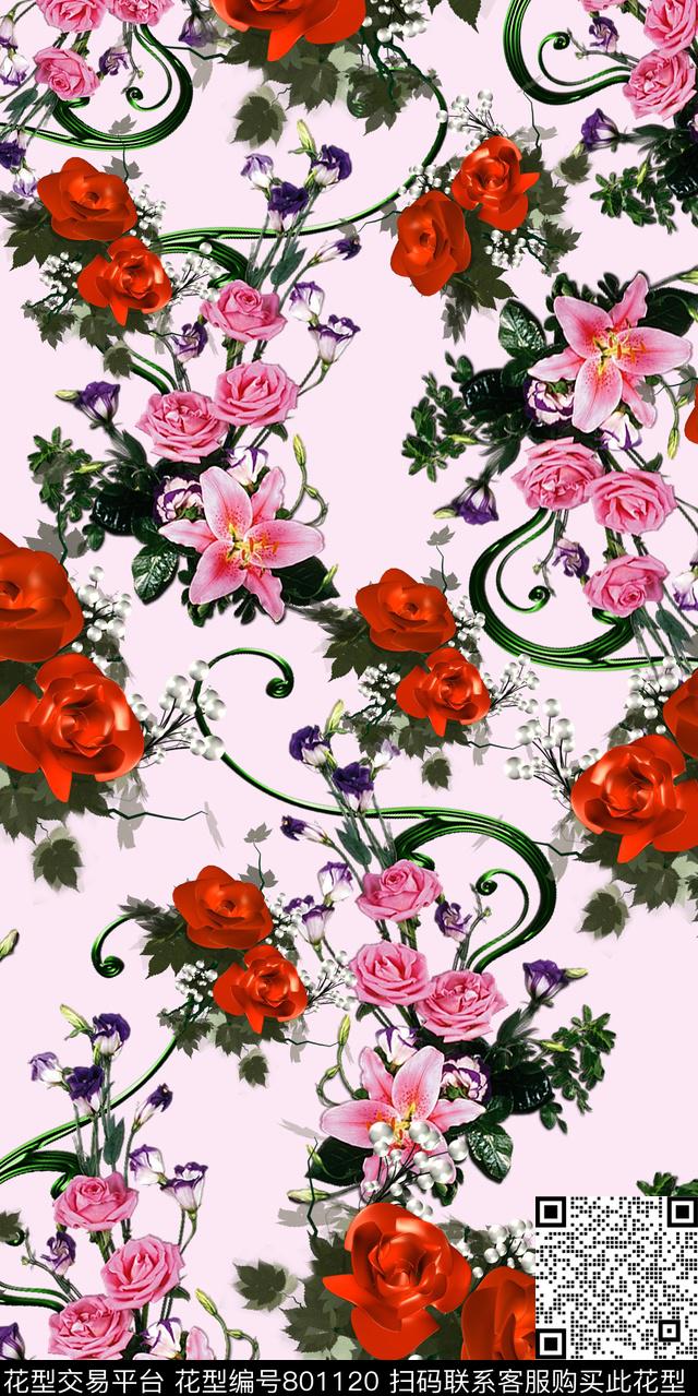 花卉牡丹玫瑰数码印花华亿平台下载（图片编号: 801120） - 瓦栏（Walan）