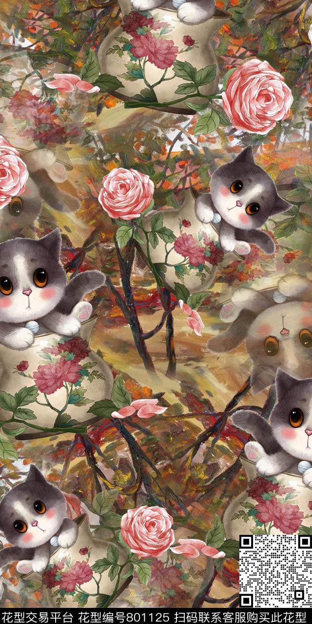 花朵猫树枝数码印花华亿平台下载（图片编号: 801125） - 瓦栏（Walan）