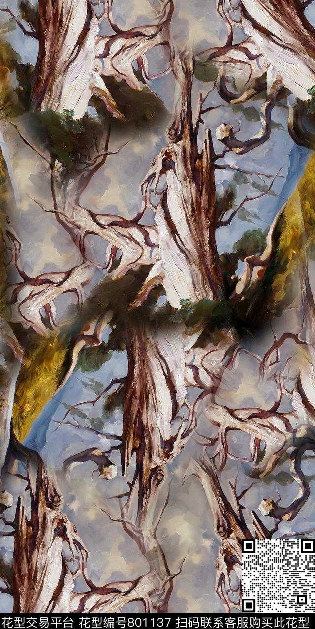 树枝风景树木数码印花华亿平台下载（图片编号: 801137） - 瓦栏（Walan）