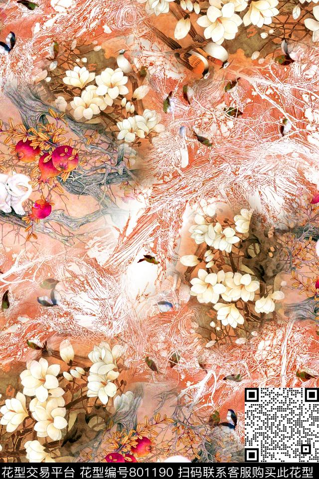 花鸟大花抽象数码印花华亿平台下载（图片编号: 801190） - 瓦栏（Walan）