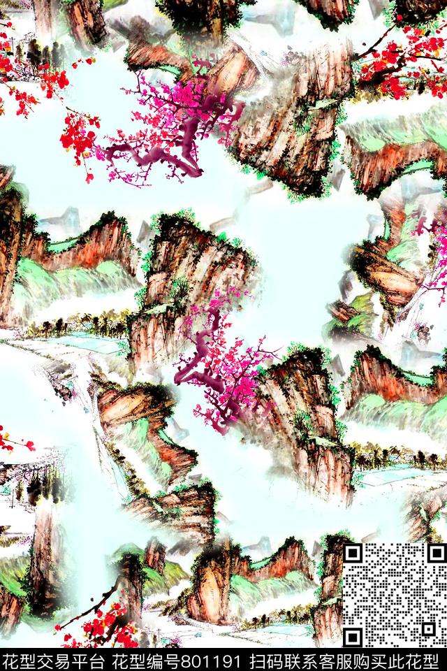 中国风山水小花数码印花华亿平台下载（图片编号: 801191） - 瓦栏（Walan）