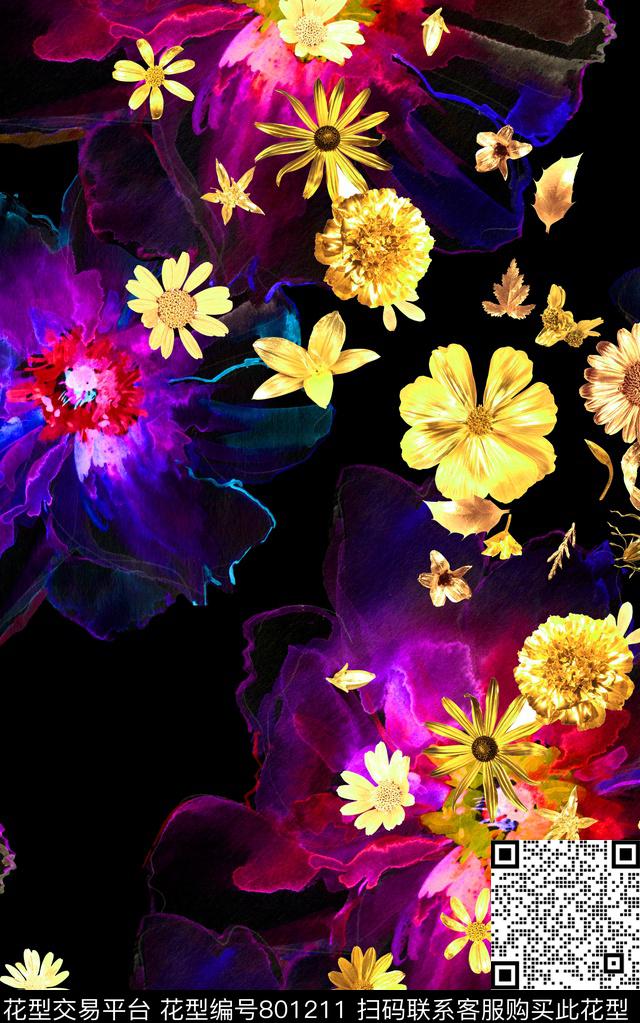 花朵花卉水彩数码印花华亿平台下载（图片编号: 801211） - 瓦栏（Walan）