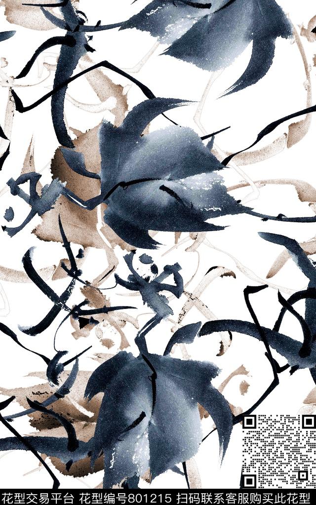 枝条笔触水彩数码印花华亿平台下载（图片编号: 801215） - 瓦栏（Walan）