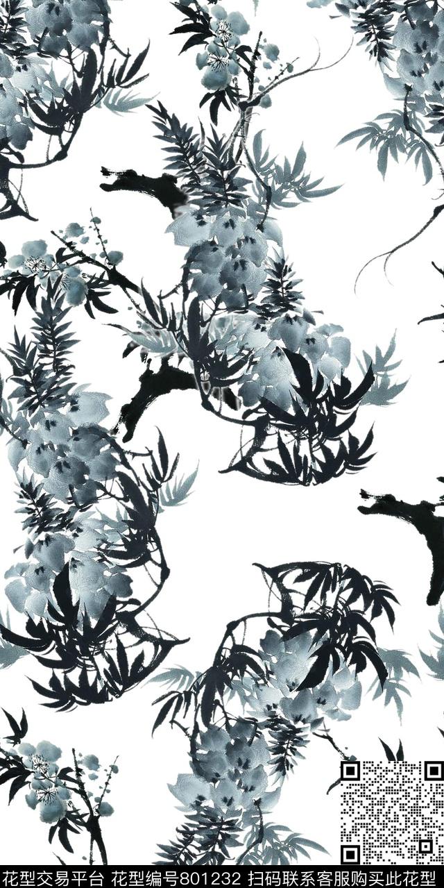 水墨黑白树数码印花华亿平台下载（图片编号: 801232） - 瓦栏（Walan）