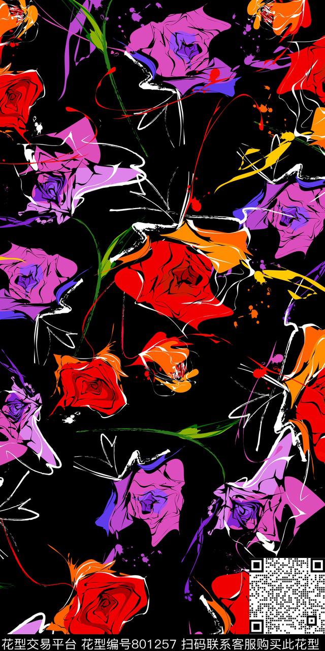 玫瑰乱花花卉传统印花华亿平台下载（图片编号: 801257） - 瓦栏（Walan）