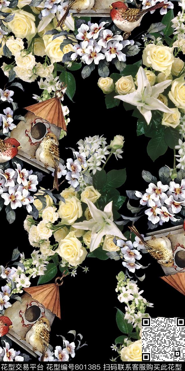 花鸟小碎花玉兰花数码印花华亿平台下载（图片编号: 801385） - 瓦栏（Walan）
