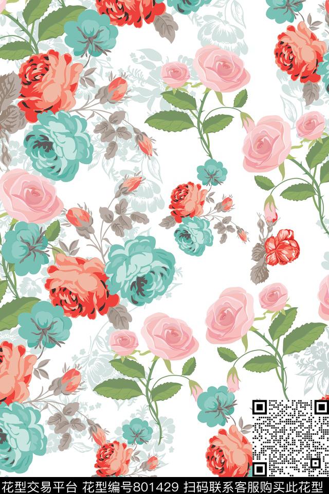 花瓣大花玫瑰传统印花华亿平台下载（图片编号: 801429） - 瓦栏（Walan）