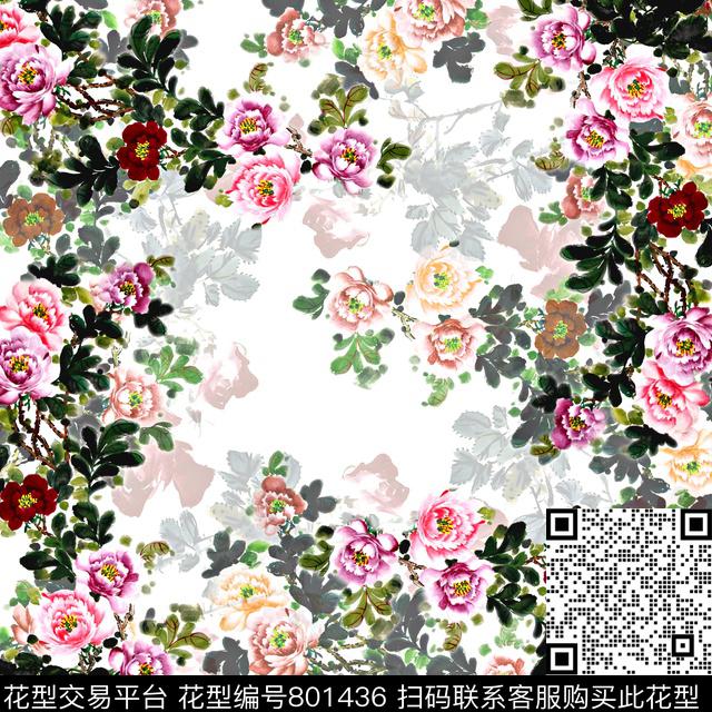 小方巾牡丹花中国风数码印花华亿平台下载（图片编号: 801436） - 瓦栏（Walan）