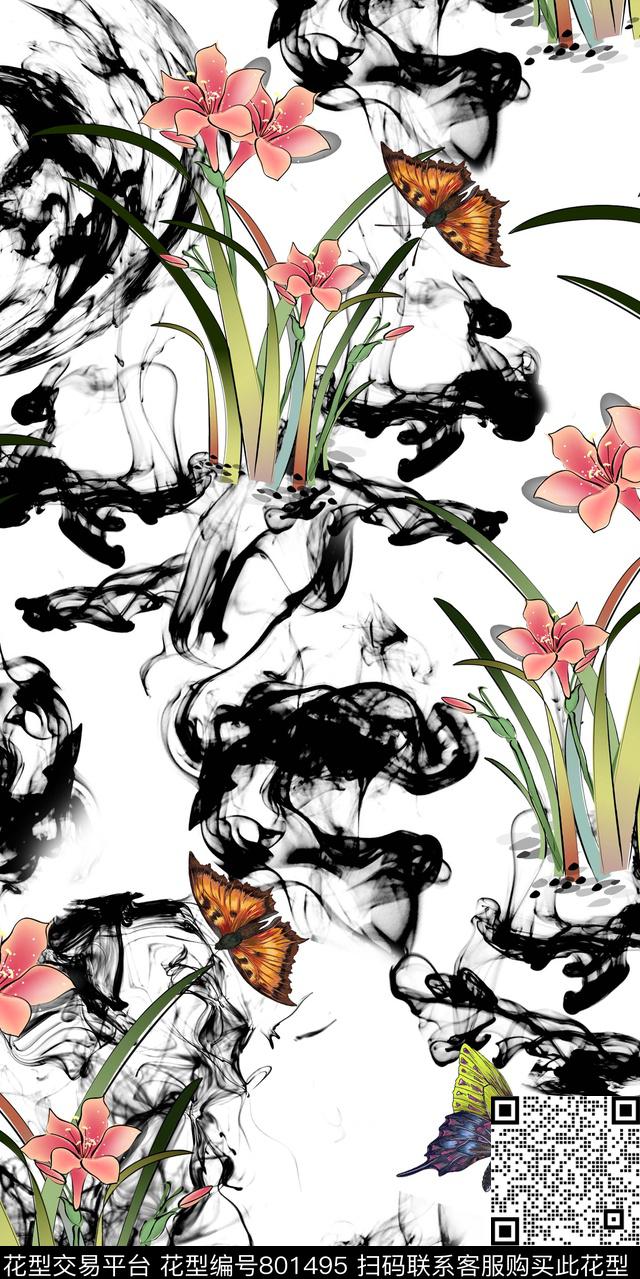 花朵花卉蝴蝶数码印花华亿平台下载（图片编号: 801495） - 瓦栏（Walan）