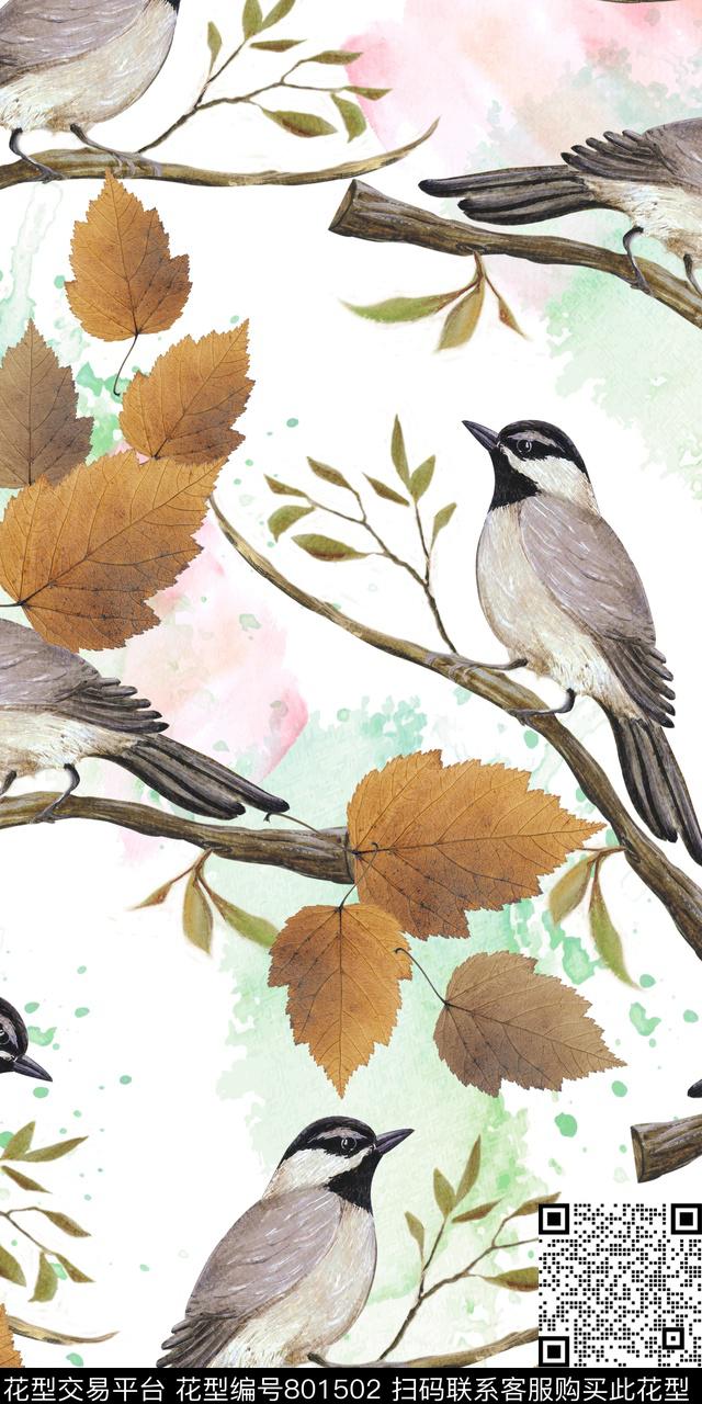 树枝鸟水彩数码印花华亿平台下载（图片编号: 801502） - 瓦栏（Walan）