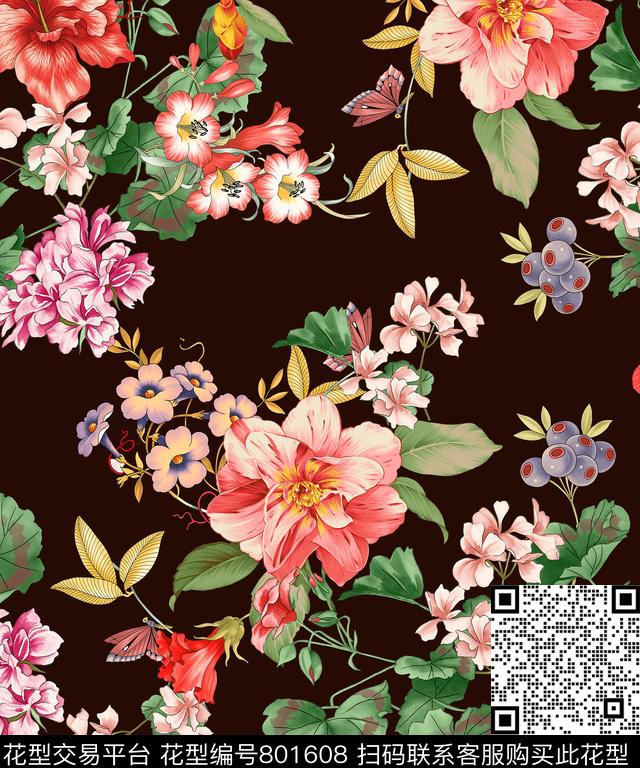大花花朵花卉数码印花华亿平台下载（图片编号: 801608） - 瓦栏（Walan）