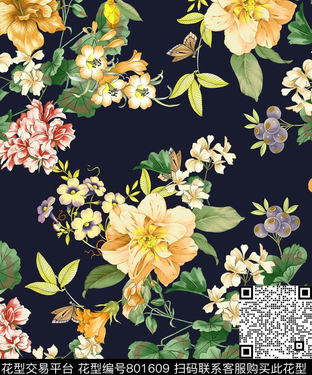 大花花朵花卉数码印花华亿平台下载（图片编号: 801609） - 瓦栏（Walan）