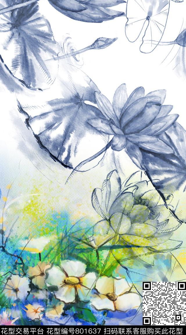 荷花大花花卉数码印花华亿平台下载（图片编号: 801637） - 瓦栏（Walan）