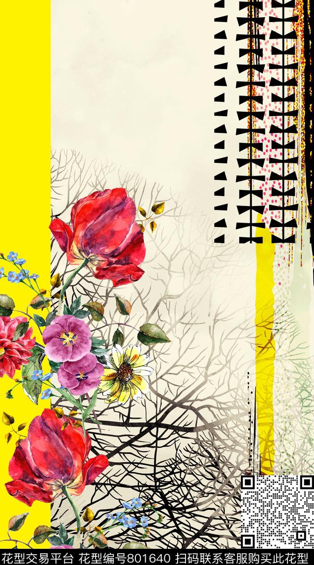 笔触大花花卉数码印花华亿平台下载（图片编号: 801640） - 瓦栏（Walan）