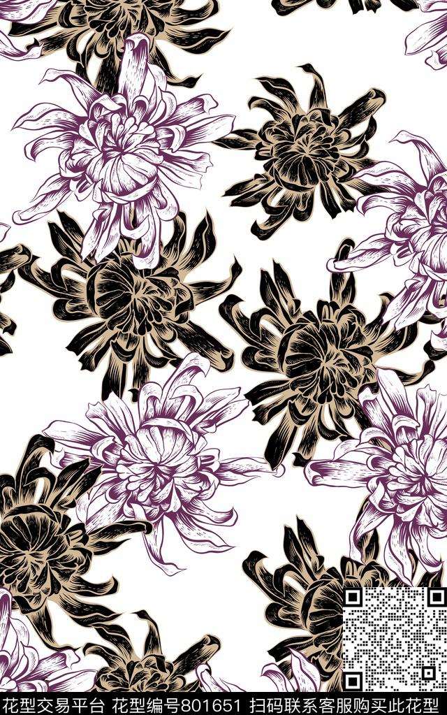 大花花鸟花卉传统印花华亿平台下载（图片编号: 801651） - 瓦栏（Walan）