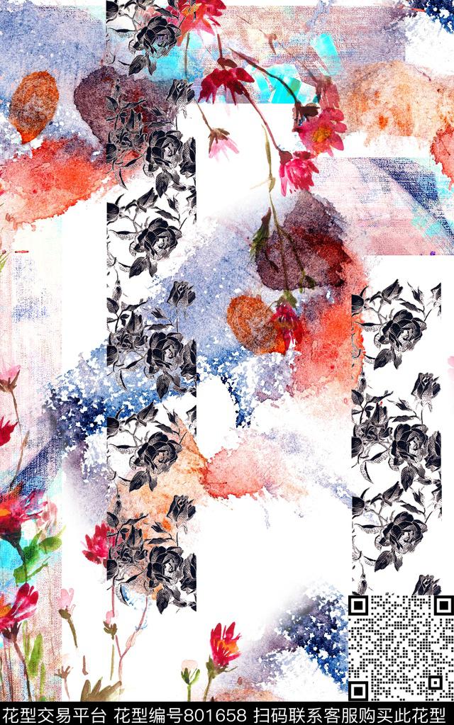花卉水彩抽象数码印花华亿平台下载（图片编号: 801658） - 瓦栏（Walan）
