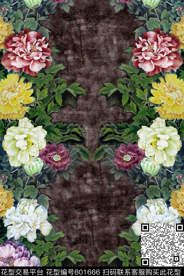花卉国画牡丹数码印花华亿平台下载（图片编号: 801666） - 瓦栏（Walan）