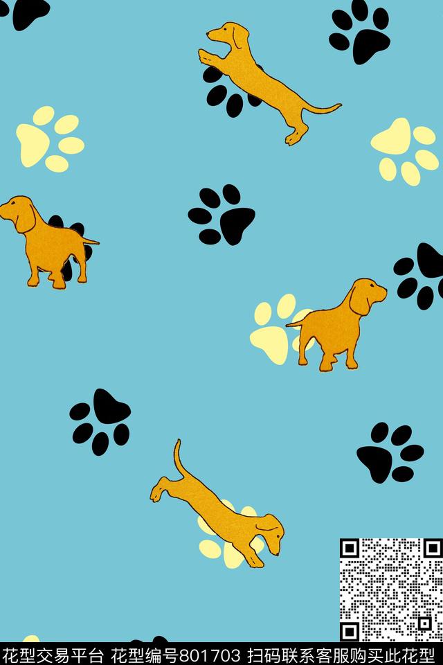 趣味狗脚印小黄狗传统印花华亿平台下载（图片编号: 801703） - 瓦栏（Walan）