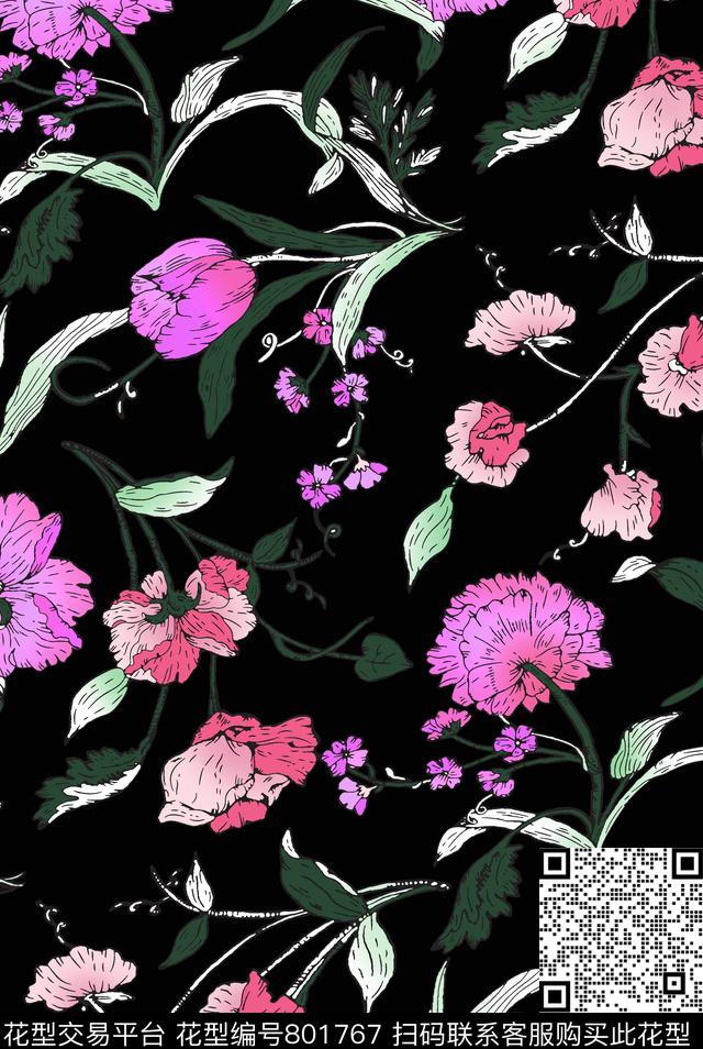 乱花玉兰花大花传统印花华亿平台下载（图片编号: 801767） - 瓦栏（Walan）