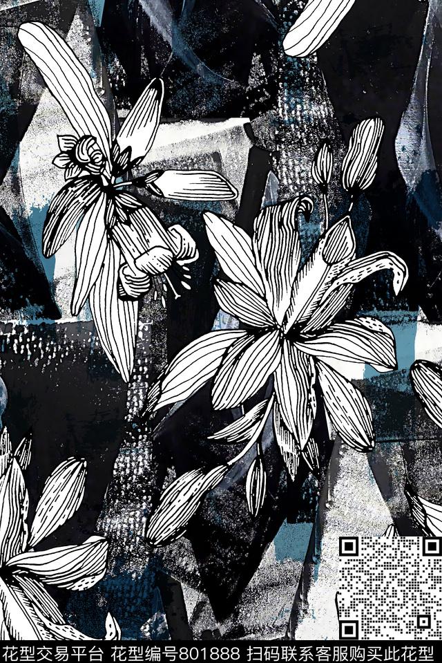 线条花卉抽象纹理底纹女装华亿平台数码印花华亿平台下载（图片编号: 801888） - 瓦栏（Walan）