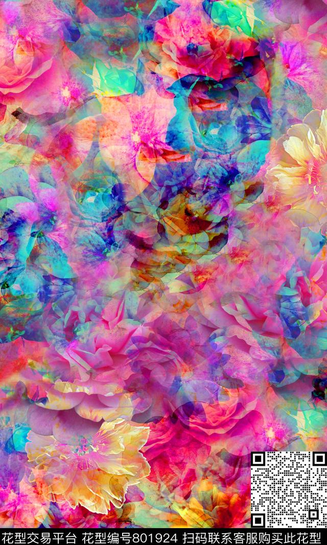 大花花朵花卉数码印花华亿平台下载（图片编号: 801924） - 瓦栏（Walan）