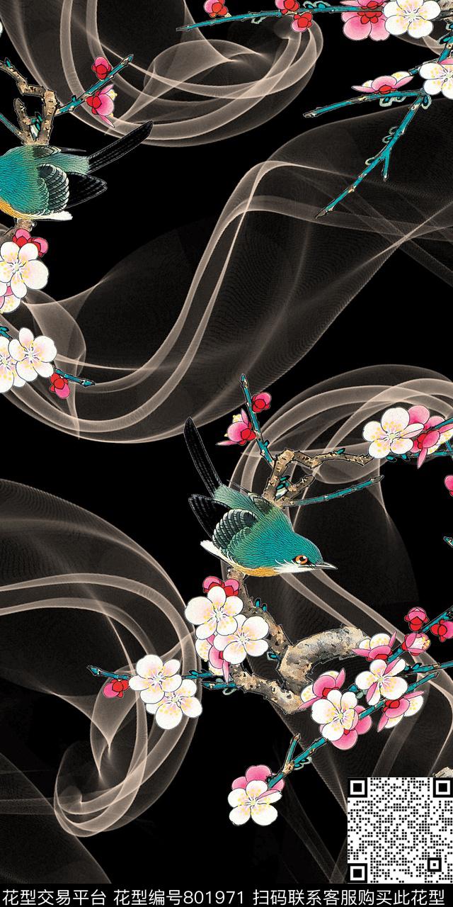 烟桃花鸟数码印花华亿平台下载（图片编号: 801971） - 瓦栏（Walan）
