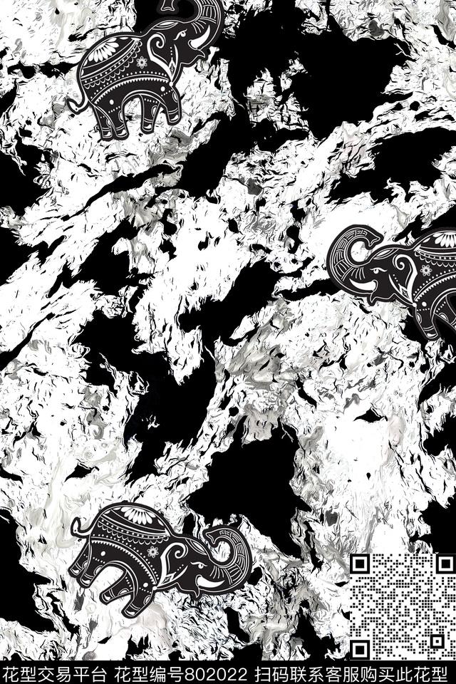 泼墨趣味大象、纹理传统印花华亿平台下载（图片编号: 802022） - 瓦栏（Walan）