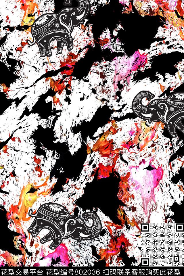 泼墨趣味大象、纹理传统印花华亿平台下载（图片编号: 802036） - 瓦栏（Walan）