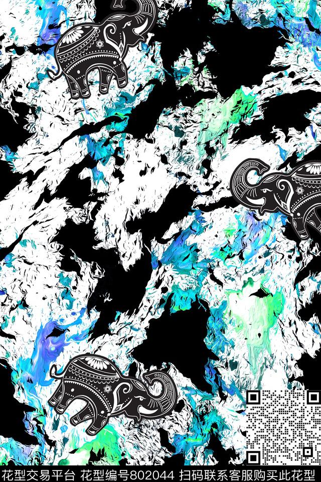 泼墨趣味大象、纹理传统印花华亿平台下载（图片编号: 802044） - 瓦栏（Walan）