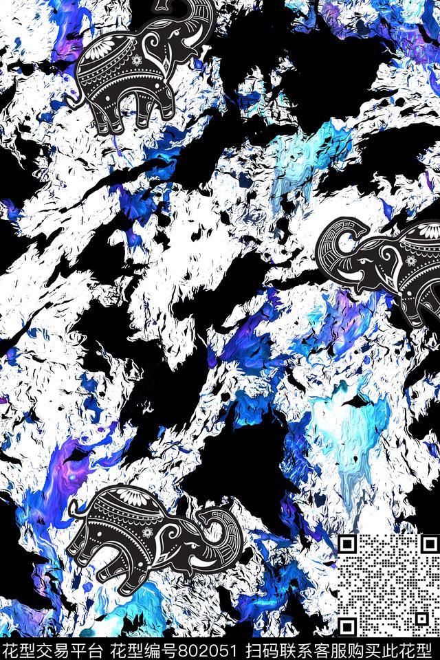 泼墨趣味大象、纹理传统印花华亿平台下载（图片编号: 802051） - 瓦栏（Walan）