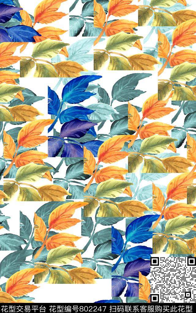 叶子色彩水彩数码印花华亿平台下载（图片编号: 802247） - 瓦栏（Walan）