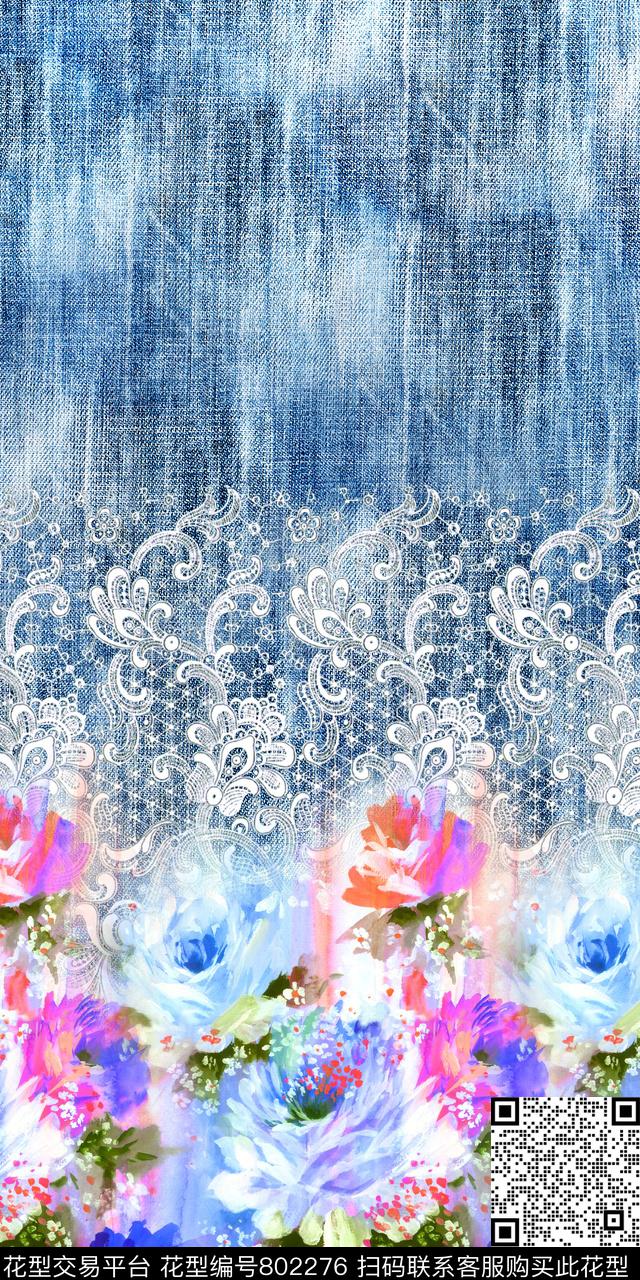 花卉水彩蕾丝数码印花华亿平台下载（图片编号: 802276） - 瓦栏（Walan）