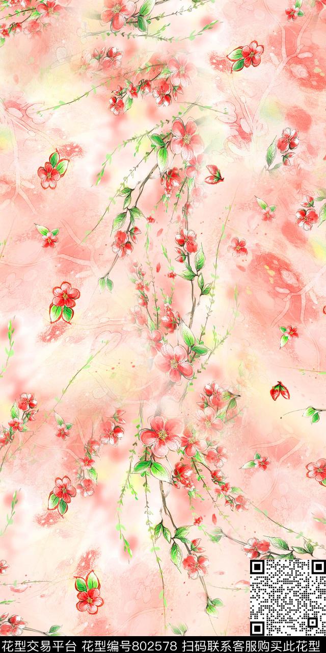 手绘花朵数码印花数码印花华亿平台下载（图片编号: 802578） - 瓦栏（Walan）