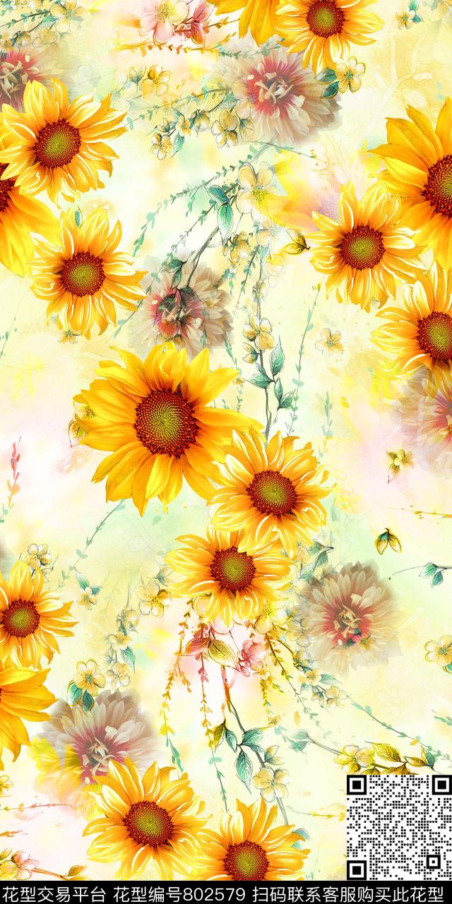 手绘花朵数码印花数码印花华亿平台下载（图片编号: 802579） - 瓦栏（Walan）