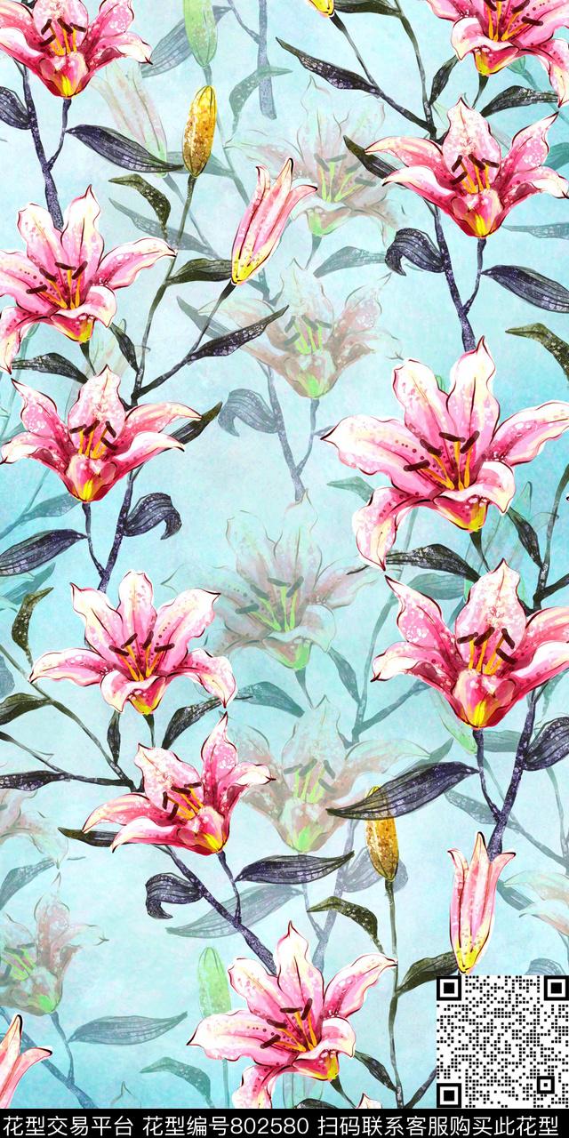 手绘花朵数码印花数码印花华亿平台下载（图片编号: 802580） - 瓦栏（Walan）